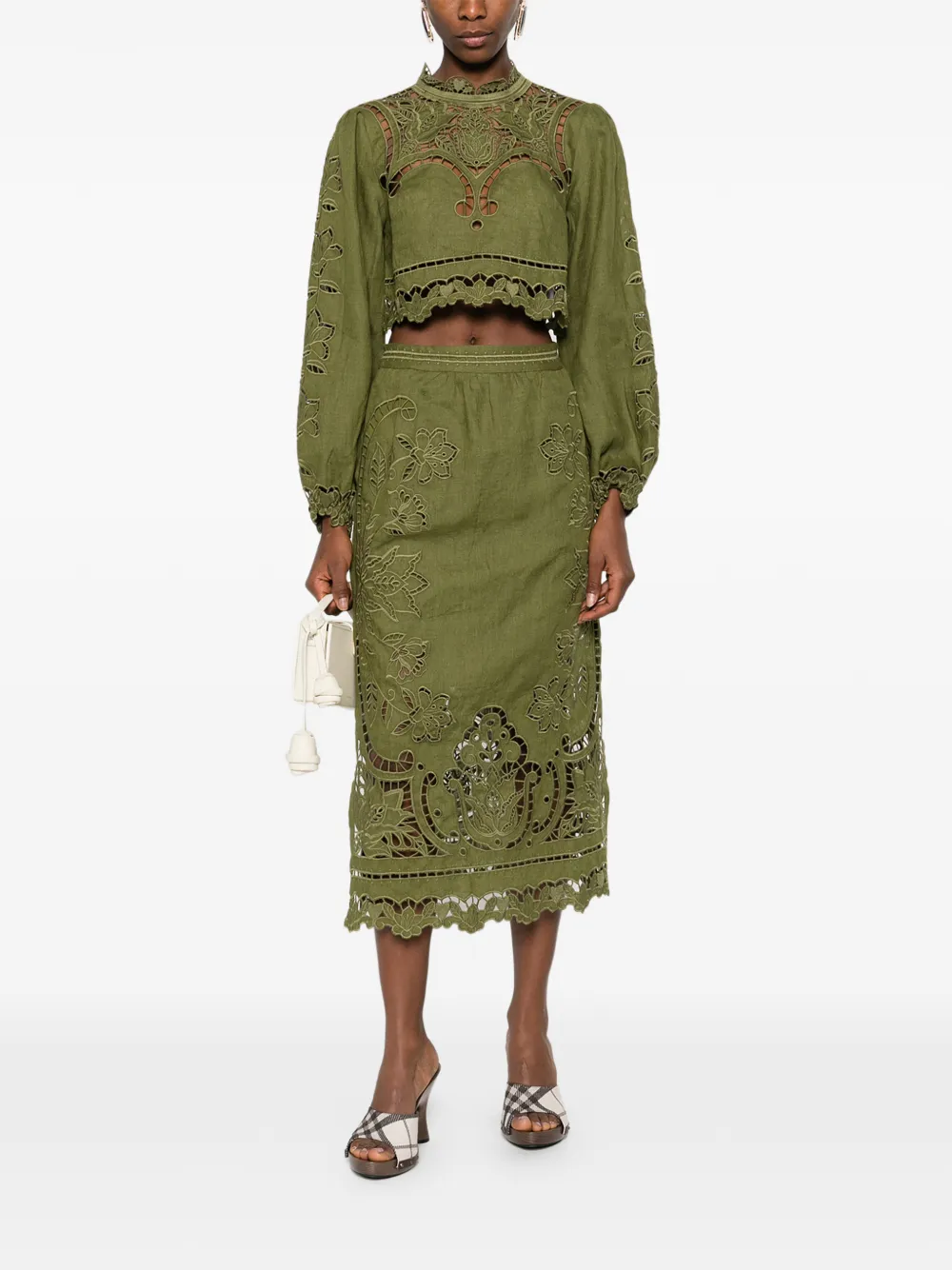 Farm Rio Floral Cut-out Midi Skirt - Green 
