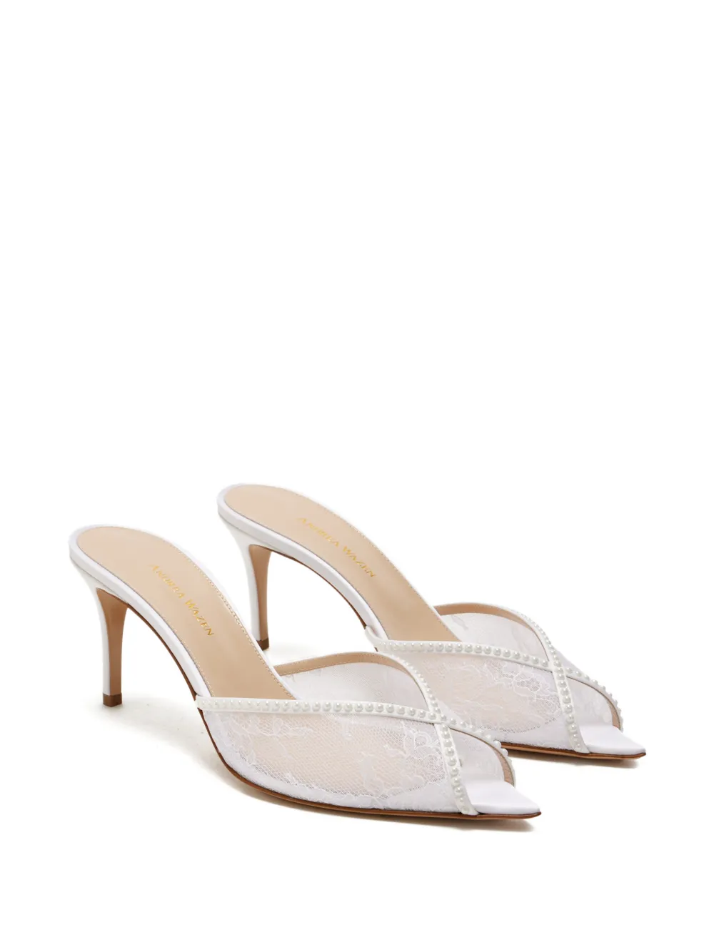Andrea Wazen Katy lace pearl mules Wit