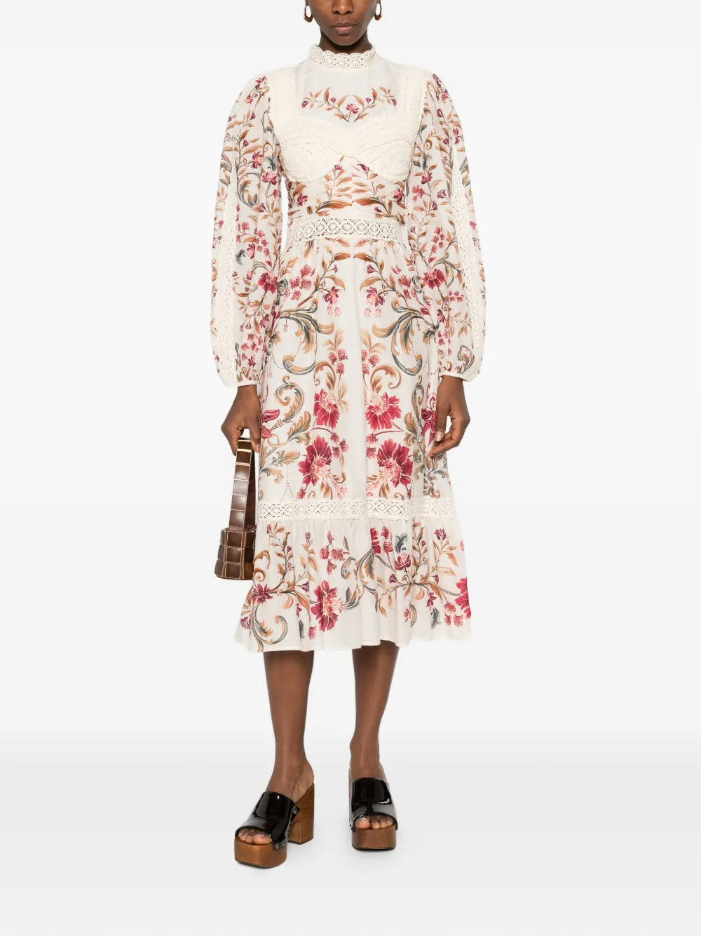 FARM Rio lace floral-print midi dress - Beige
