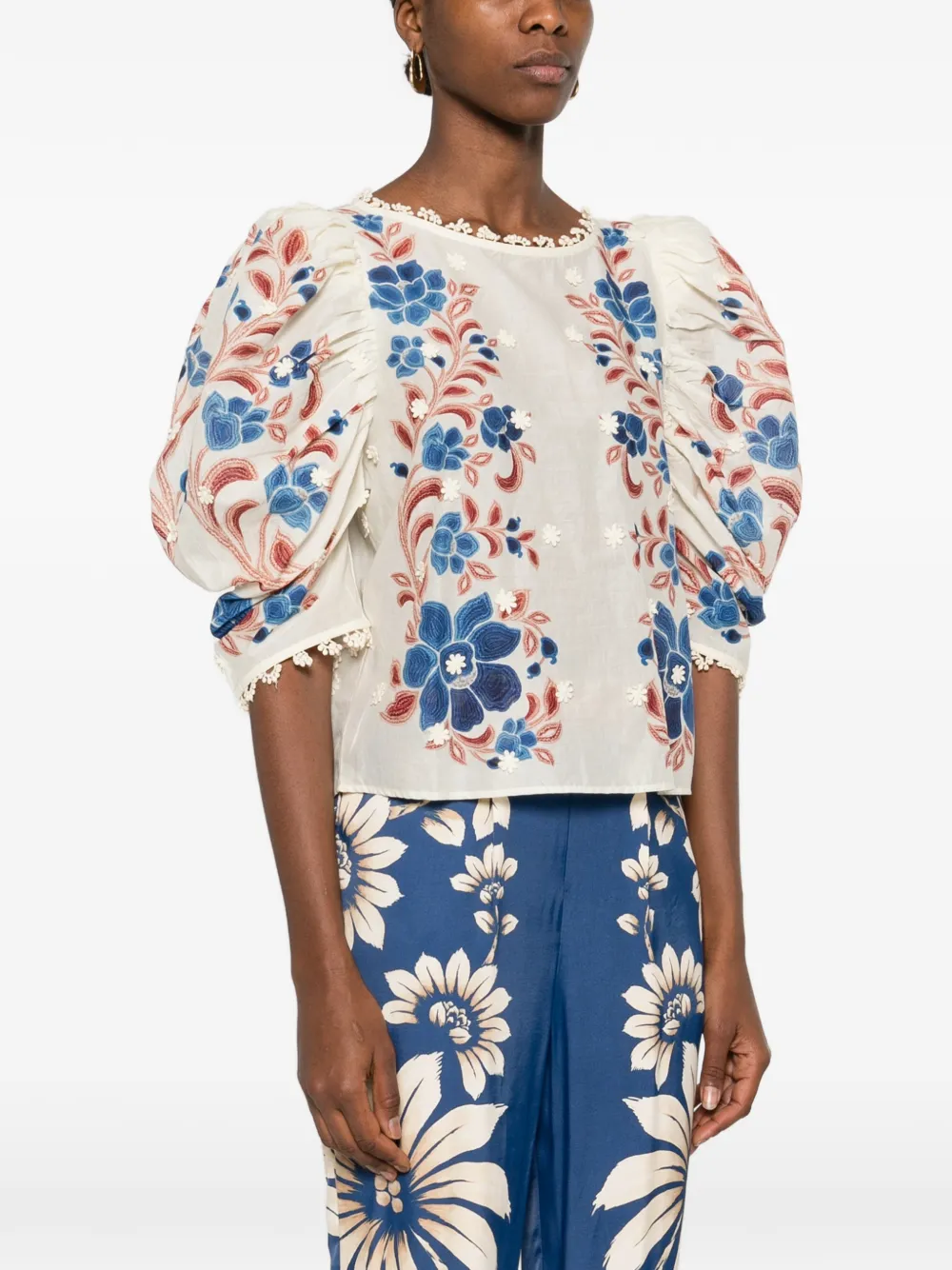  Farm Rio Floral Embroidered Blouse - Neutrals 