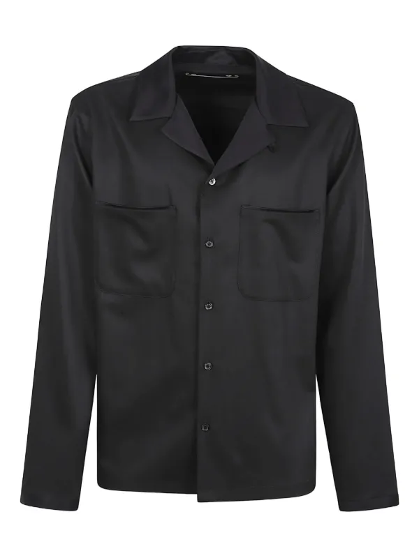 Golden Goose Shirt in Black Wool Twill with Black Satin Details