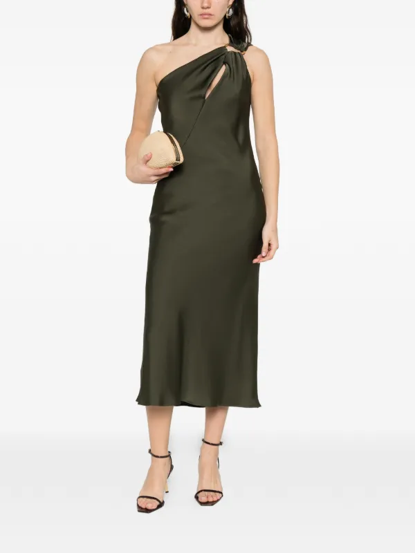 one shoulder green midi dress Olympia Olive Green Pleated One Shoulder Gown main image 1