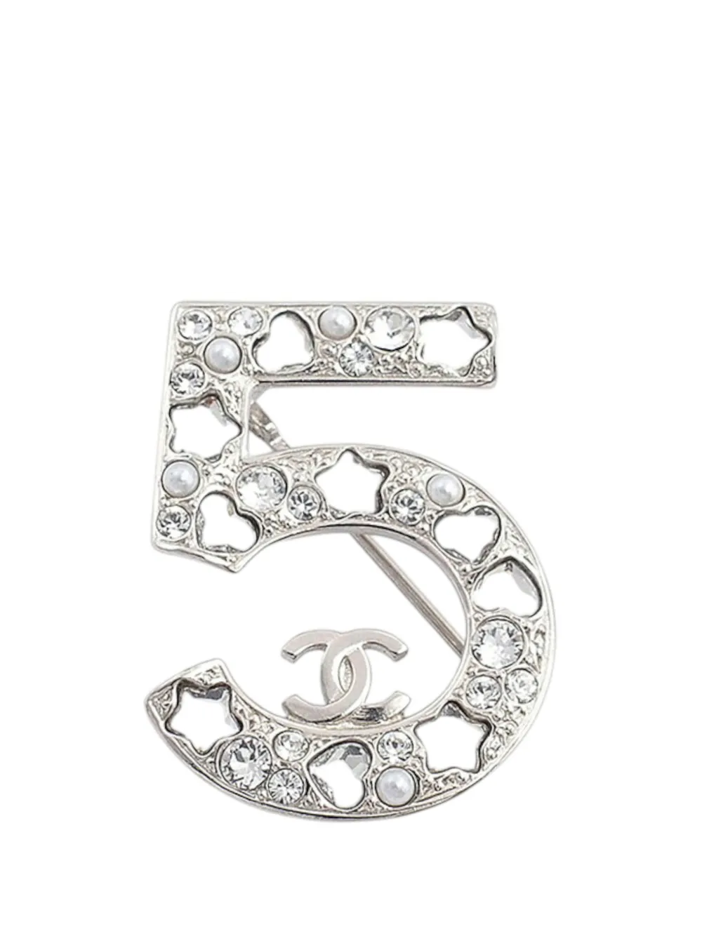 CHANEL Pre-Owned 2025 CC Silver Plated Faux Pearl Rhinestone No. 5 Brooch costume brooch - Argento
