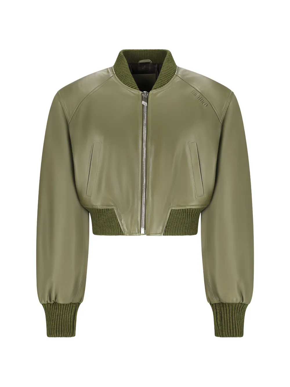 Attico Cropped Leather Bomber Jacket In Green