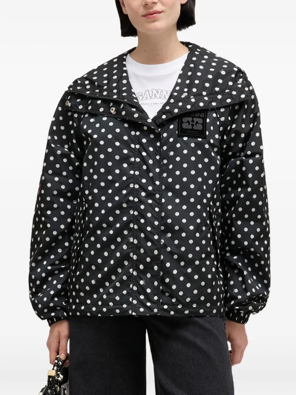  Ganni Polka-dot Hooded Coat - Black 