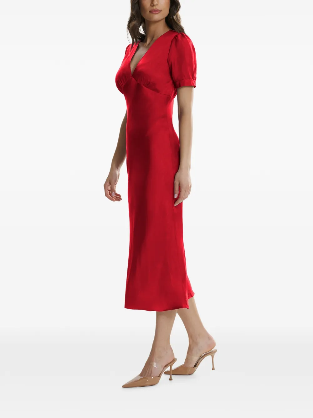 FRAMBOISE puff-sleeve V-neck midi dress - Rood