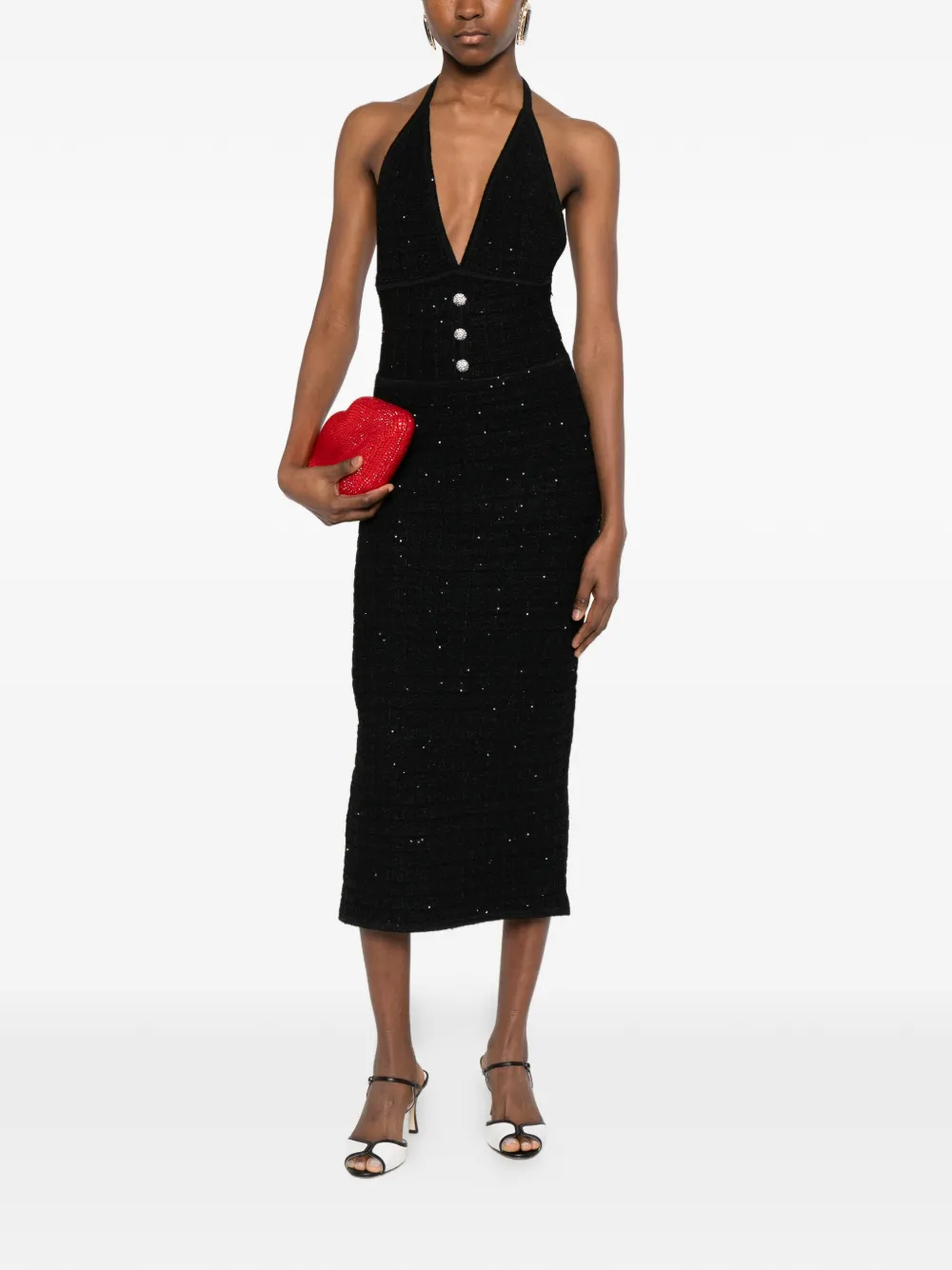  Alessandra Rich Buttoned V-neck Midi Dress - Black 