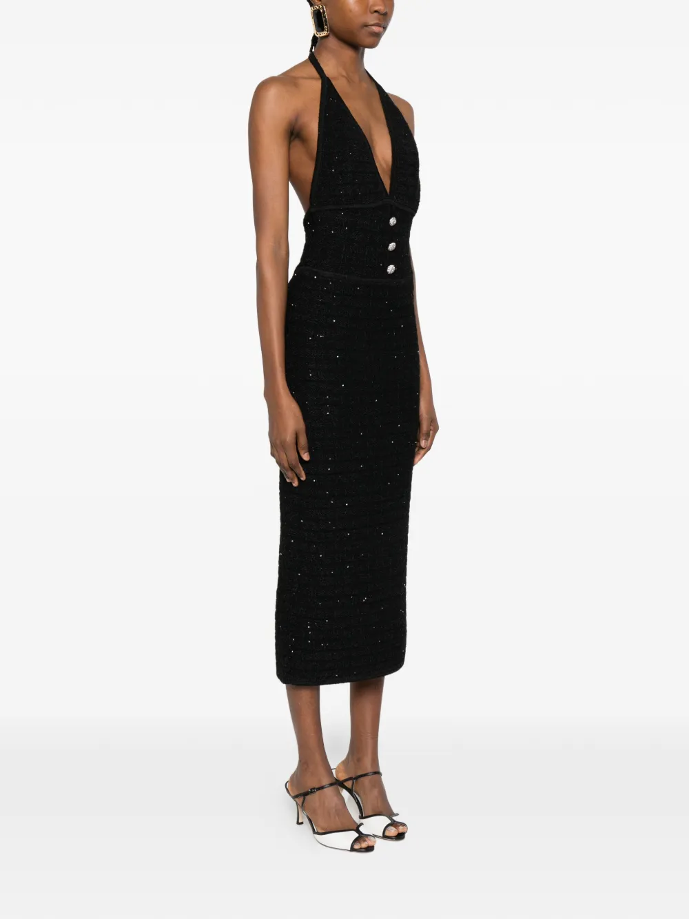  Alessandra Rich Buttoned V-neck Midi Dress - Black 