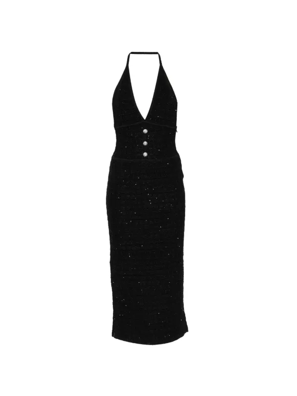 Alessandra Rich Buttoned V-neck Midi Dress in Black