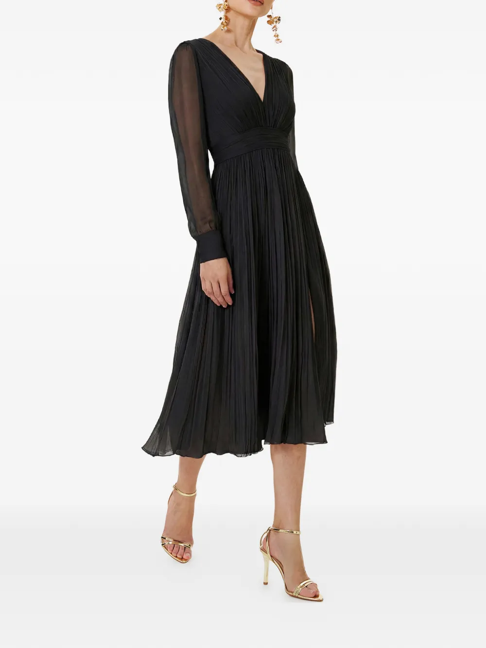 FRAMBOISE V-neck pleated midi dress - Zwart