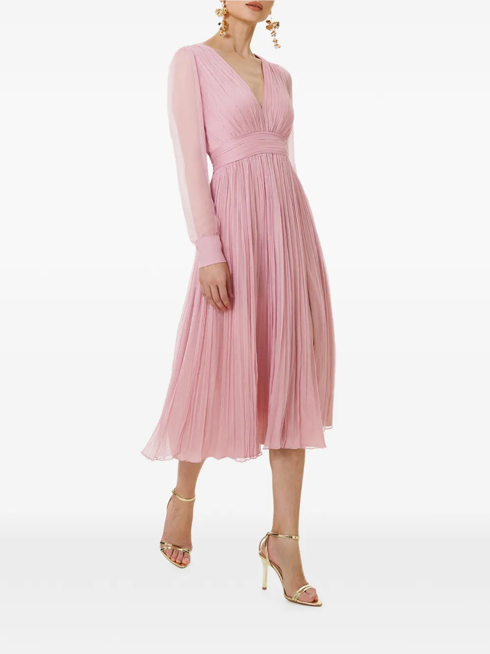 FRAMBOISE Vasquez zijden midi-jurk met lange mouwen Roze