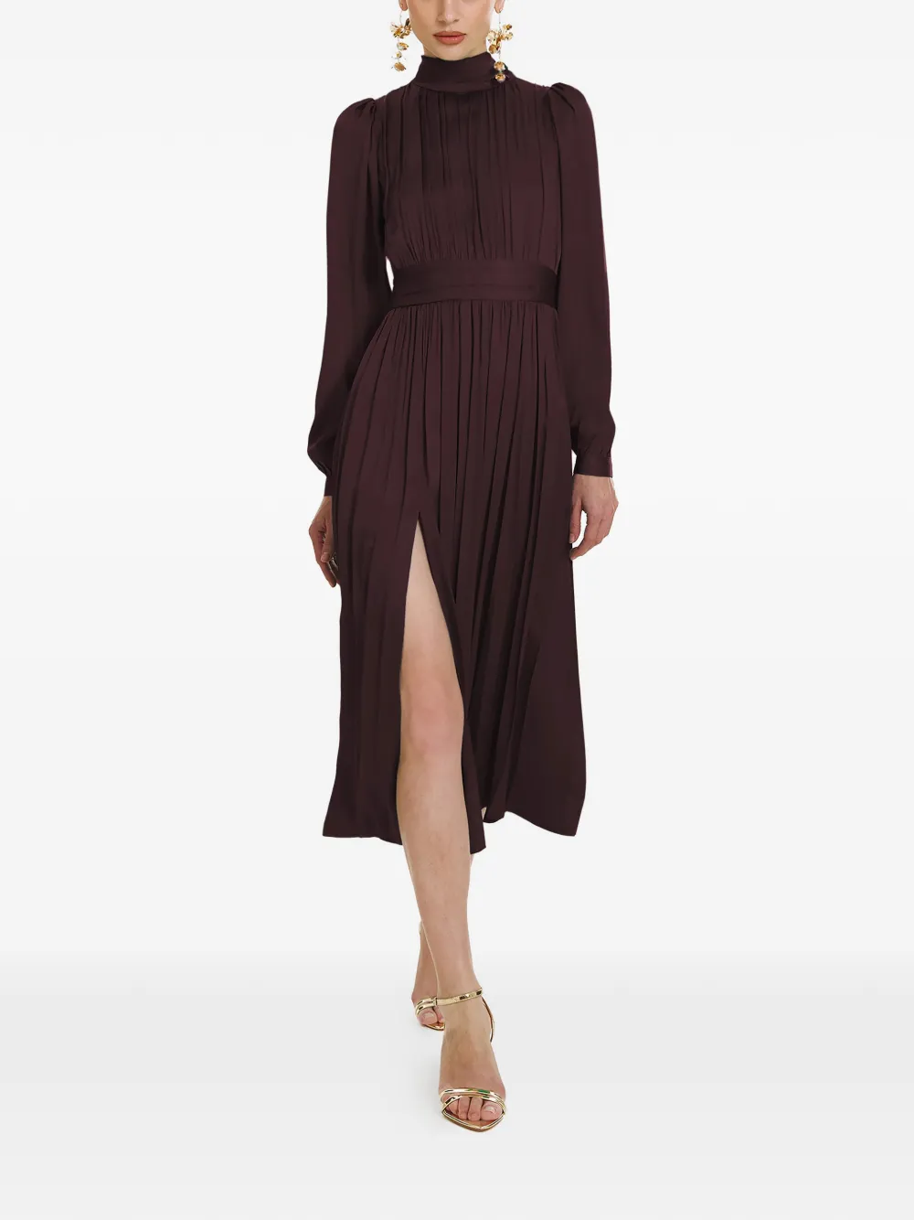 FRAMBOISE Otello pleated high-neck midi dress - Marrone