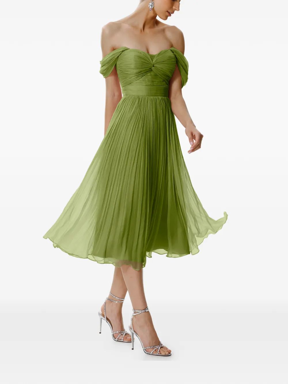 FRAMBOISE Kaly pleated off-shoulder midi dress - Groen