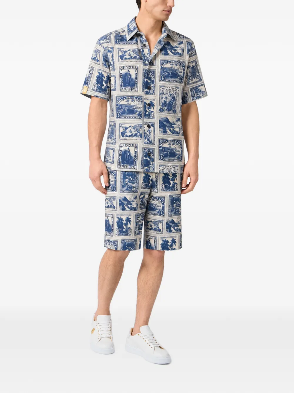 Billionaire stamp-print bowling shirt Blauw