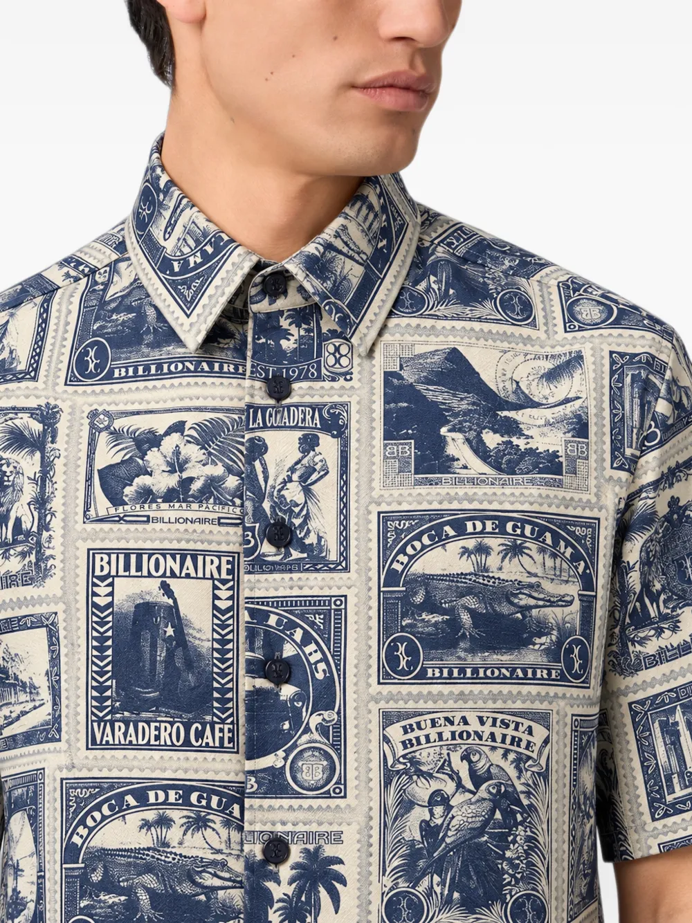 Billionaire stamp-print bowling shirt Blauw
