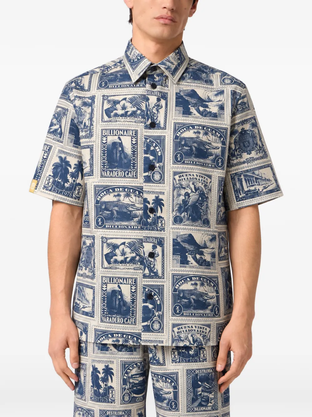 Billionaire stamp-print bowling shirt Blauw