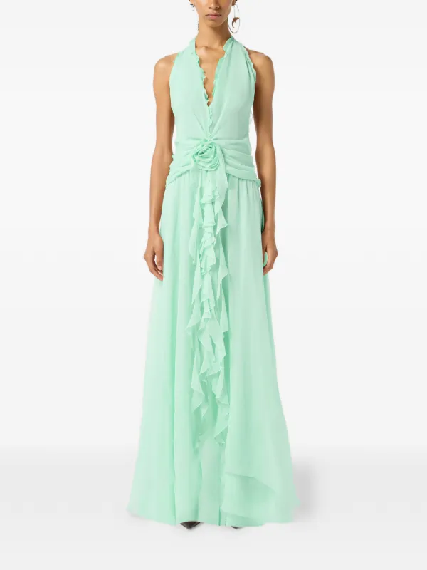 Blumarine Ruffled Georgette Dress | Green | FARFETCH