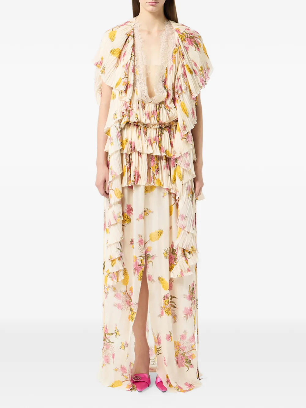 Blumarine floral pleated ruffled dress - Beige