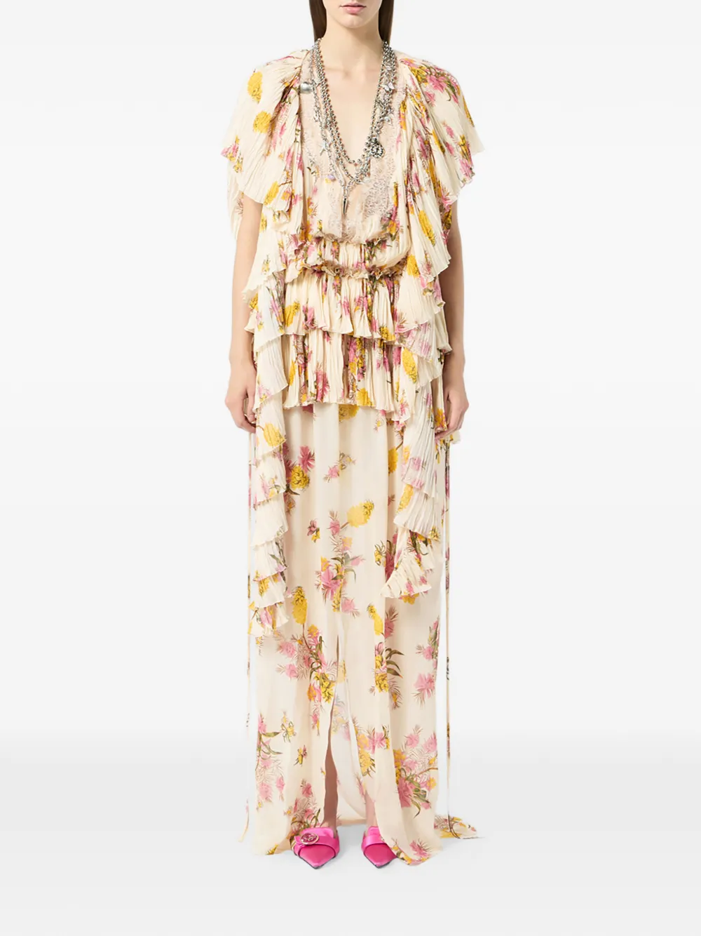 Blumarine Geplooide jurk met bloemenprint en ruches Beige