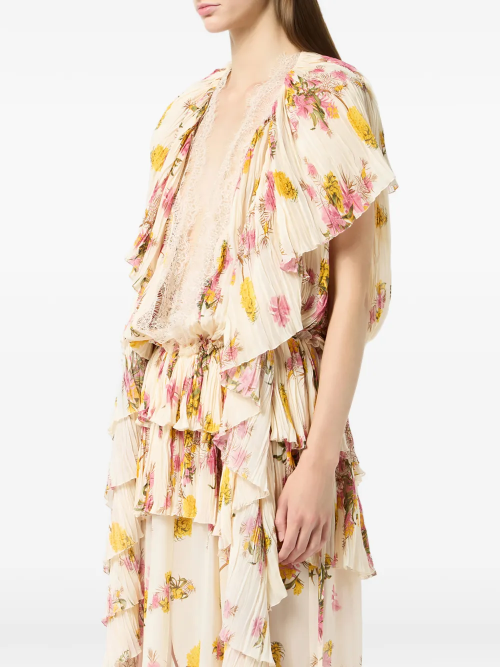 Blumarine Geplooide jurk met bloemenprint en ruches Beige