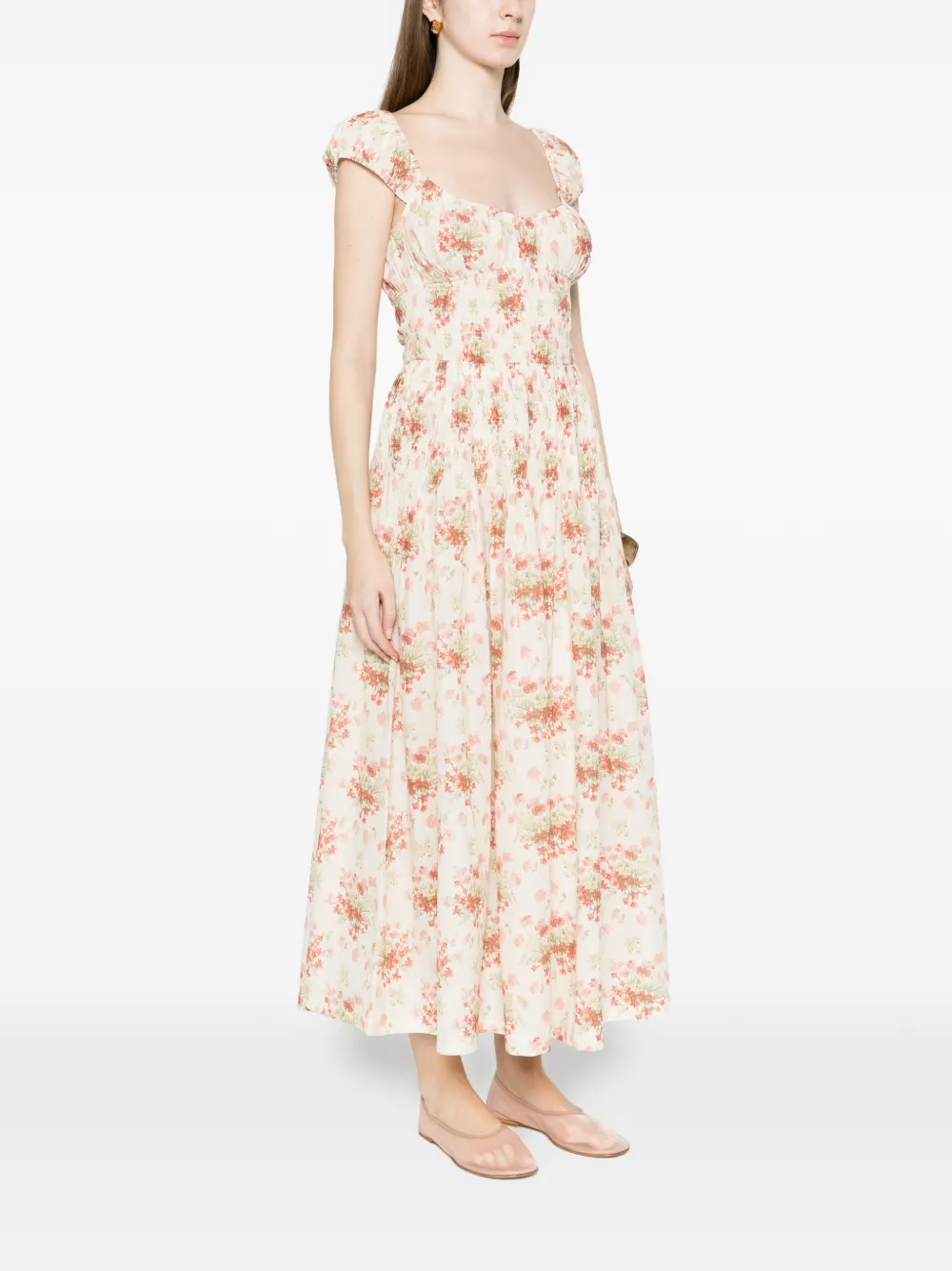  Dôen Quinette Square-neck Flower-print Midi Dress - Neutrals 