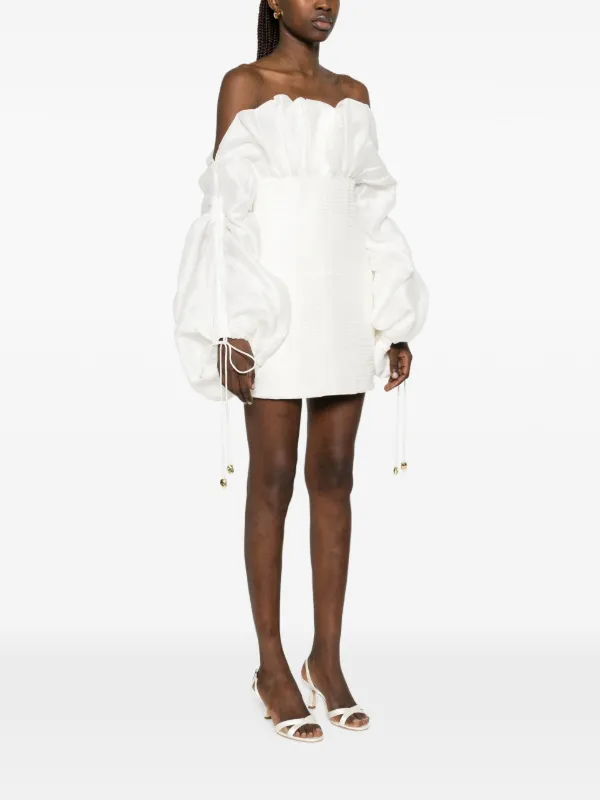 aje white dress Voyager Maxi in Coconut Cream 510 tall Model is wearing a US size 4 Aje Maxima Puffed Sleeve Mini