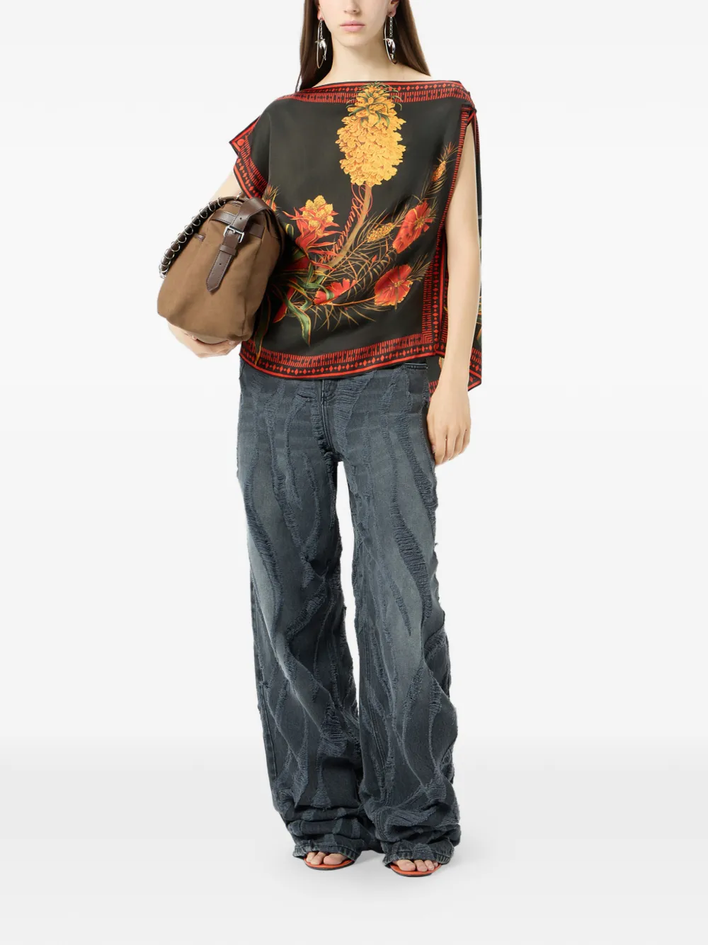 Blumarine twill floral print top - Zwart