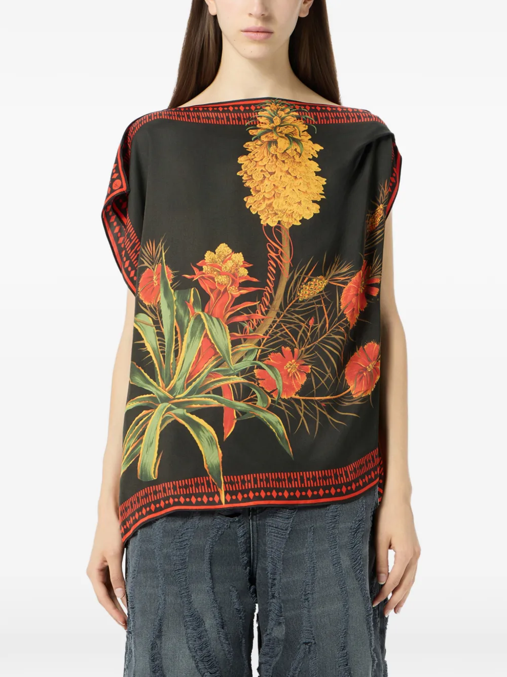 Blumarine Twill top met bloemenprint Zwart