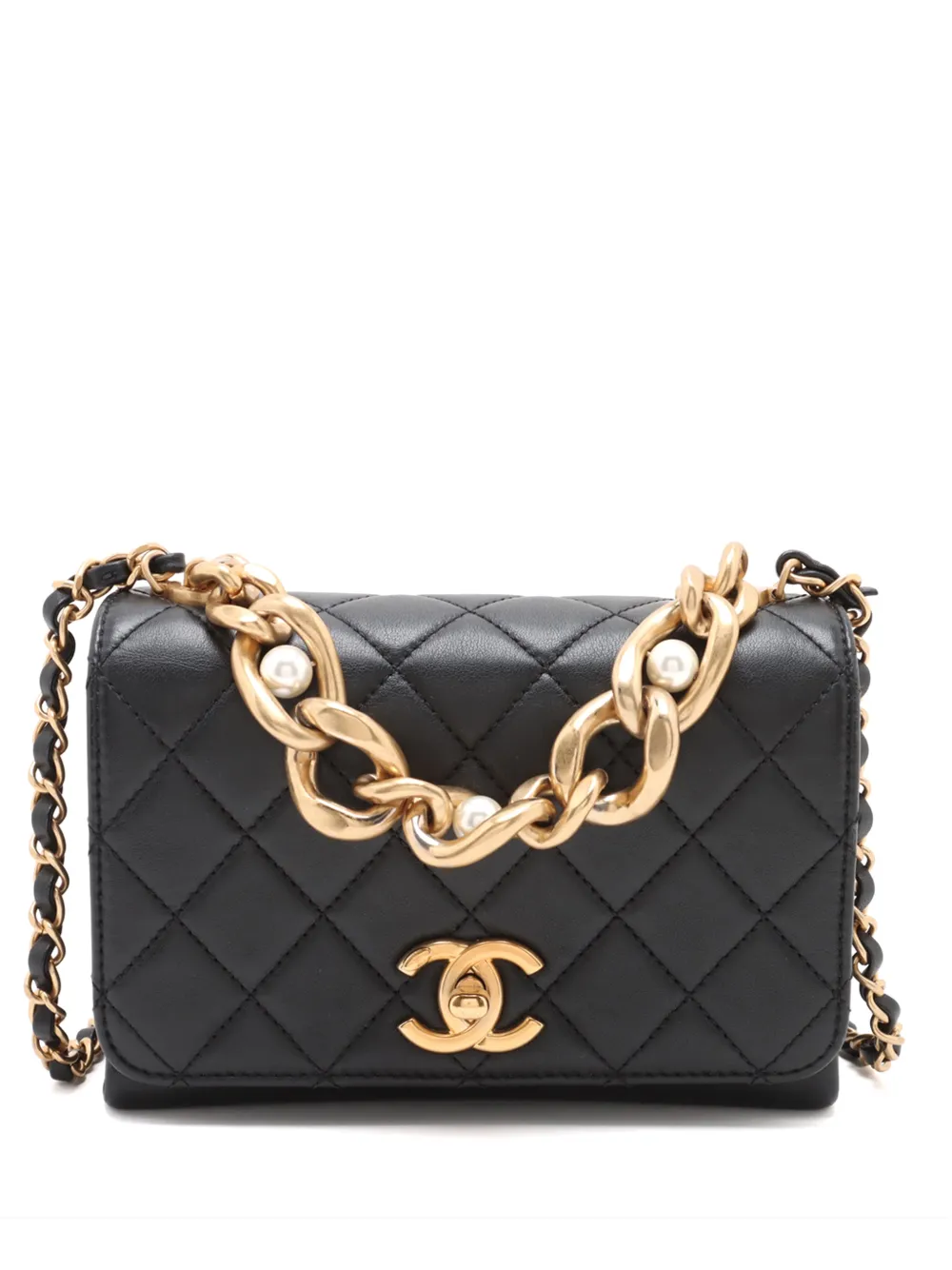 CHANEL Pre-Owned 2021-2025 Mini Quilted Lambskin Pearl Boy Chain Flap satchel - Nero