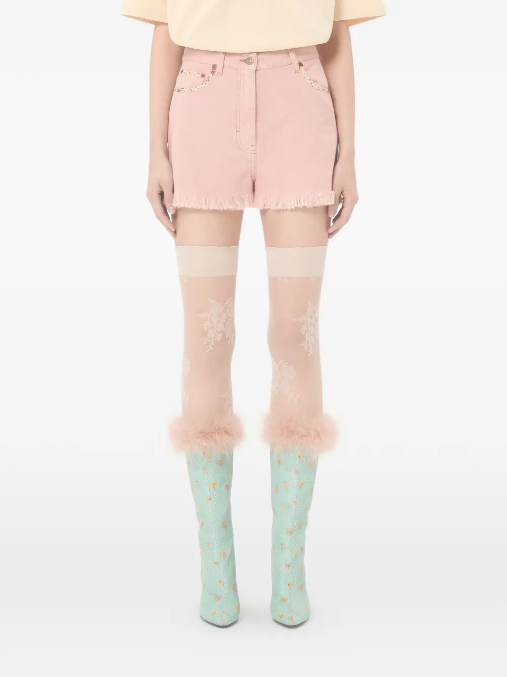 Valentino Garavani Denim shorts met franje Roze