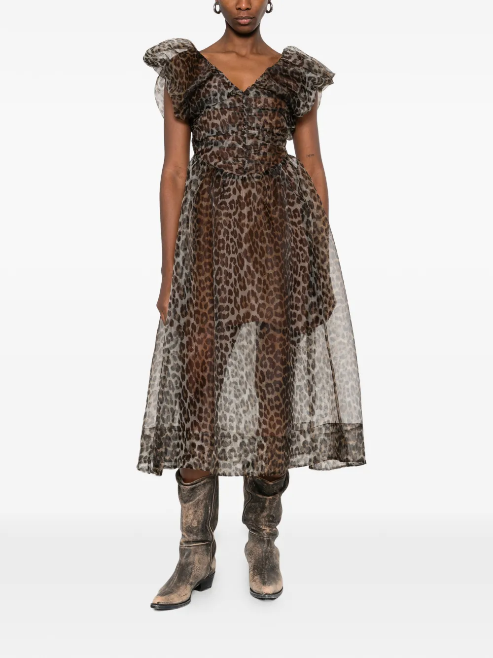 GANNI Midi-jurk met dierenprint Bruin
