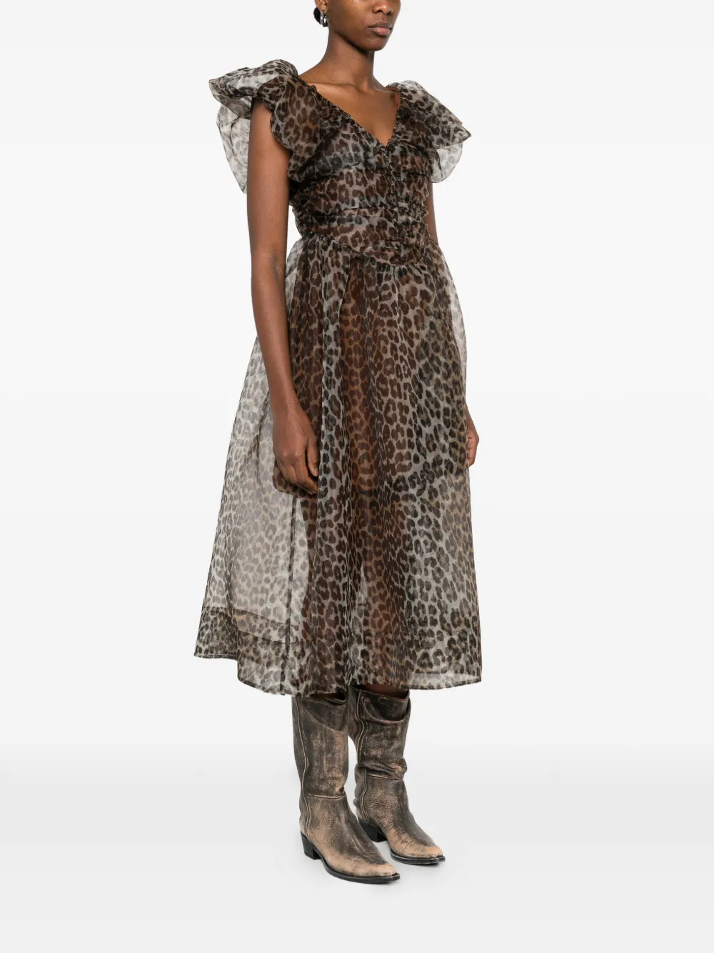 GANNI Midi-jurk met dierenprint Bruin