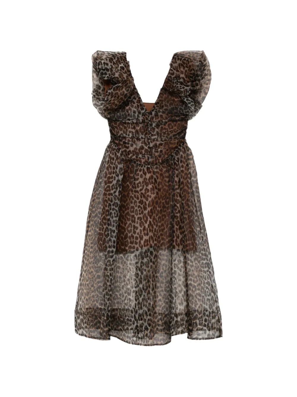 GANNI ruffled animal-print midi dress - Marrone