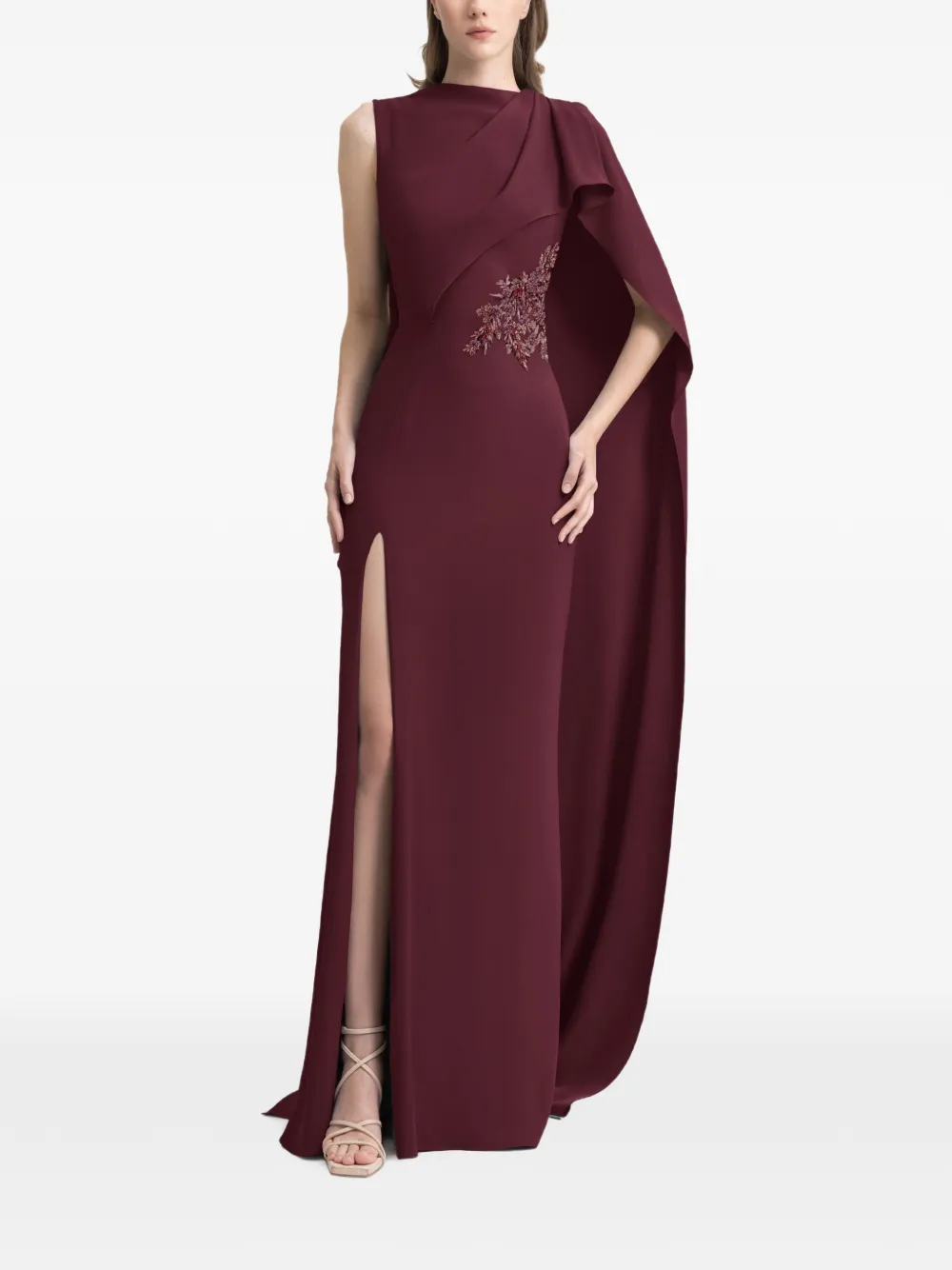 Gemy Maalouf Crêpe maxi-jurk met gedrapeerde hals en kralen Rood