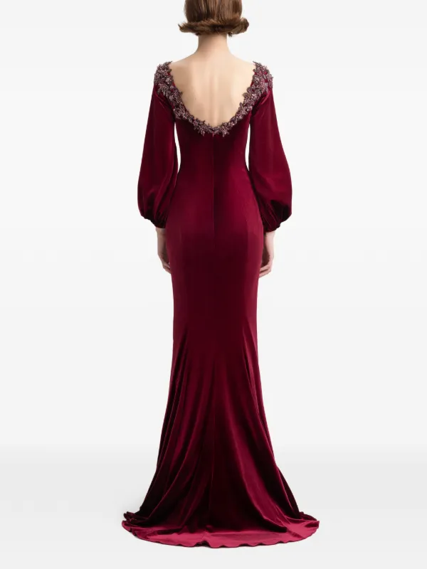 long sleeve red velvet maxi dress Mew Mews Gazra Long Sleeve Velvet Maxi Dress