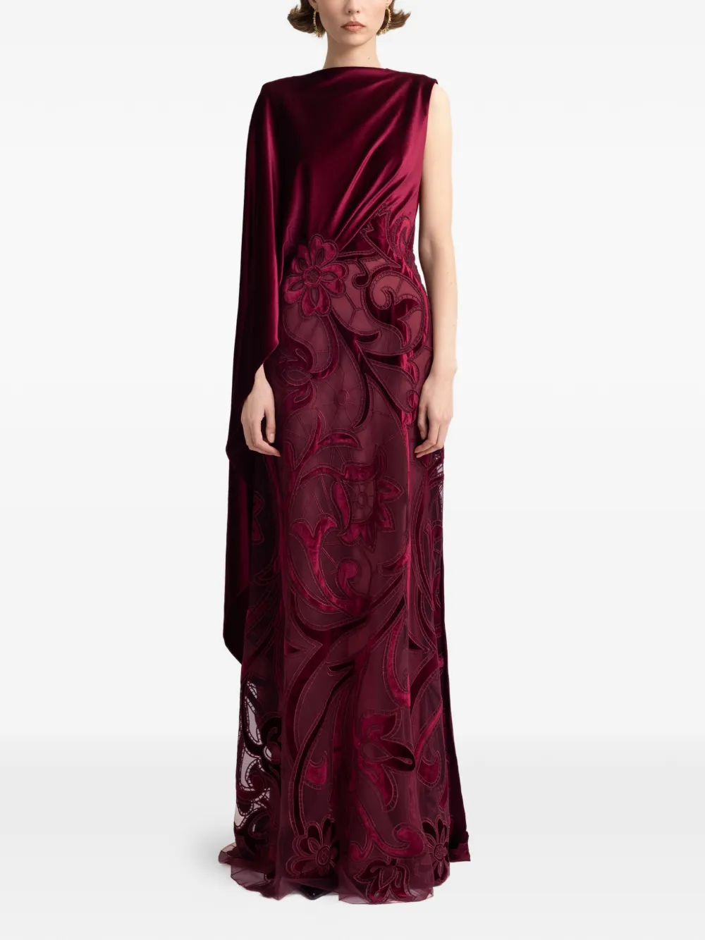 Gemy Maalouf velvet-trim embroidered maxi dress - Rosso