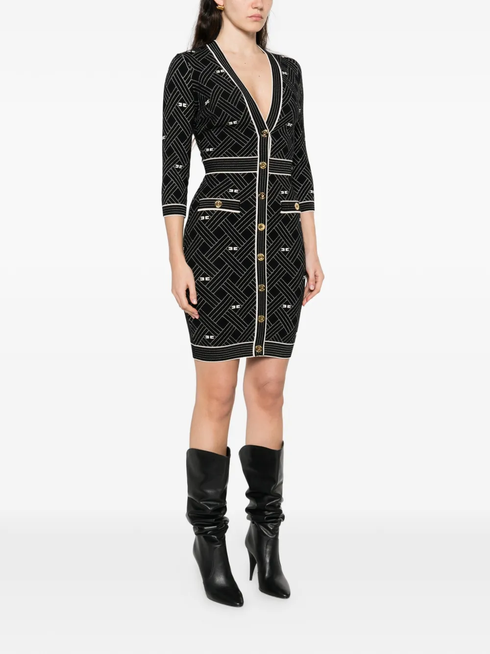 Elisabetta Franchi Jurk met knopen en patroon Zwart