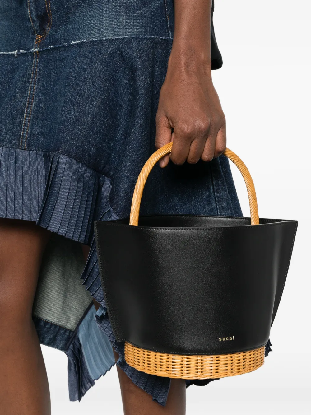 sacai Woven Handle Bucket Bag in Black, view 2
