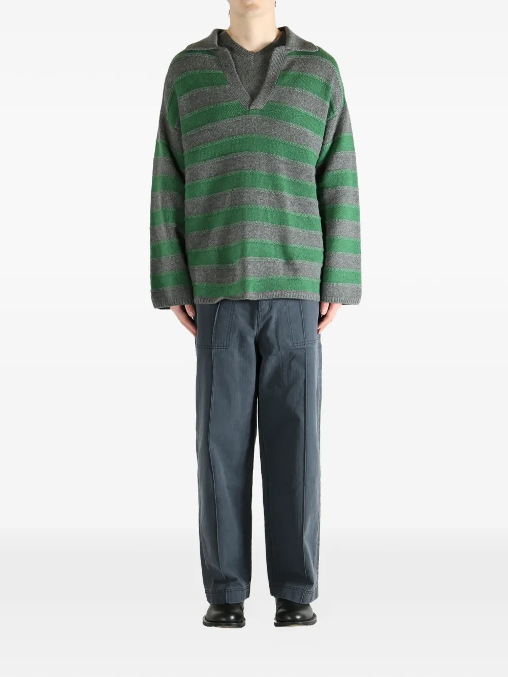 The Elder Statesman Gestreepte trui met V-hals Grijs