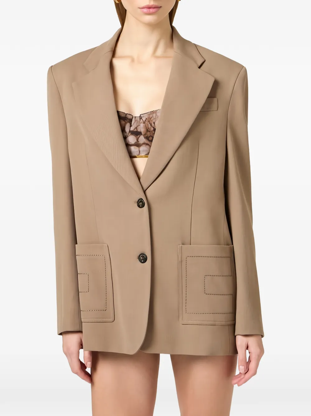 Elisabetta Franchi Blazer met enkele rij knopen en geborduurde zak Beige