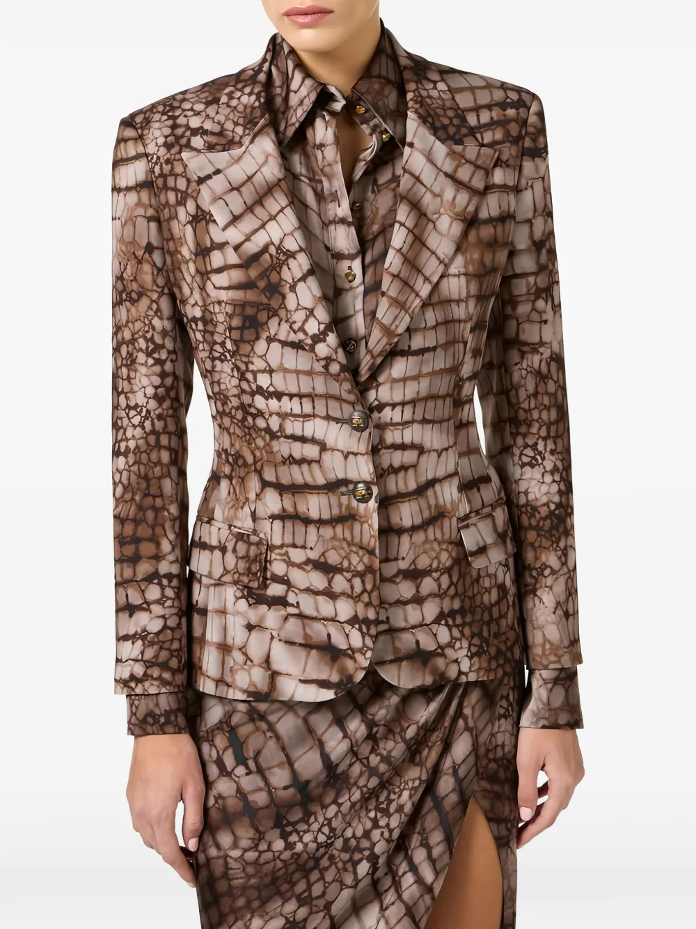 Elisabetta Franchi Jack met enkele rij knopen en print Bruin