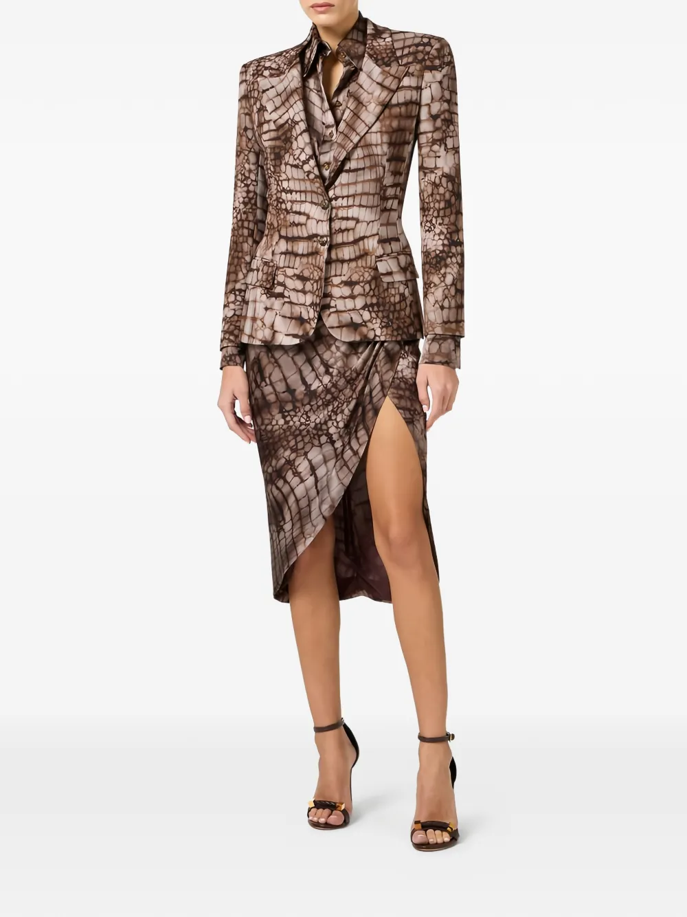  Elisabetta Franchi Alligator-print Single-breasted Jacket - Brown 
