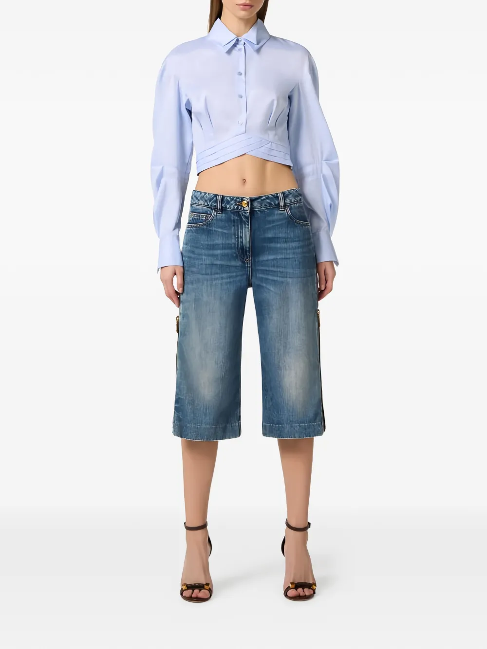 Elisabetta Franchi double-collar cropped shirt - Blauw