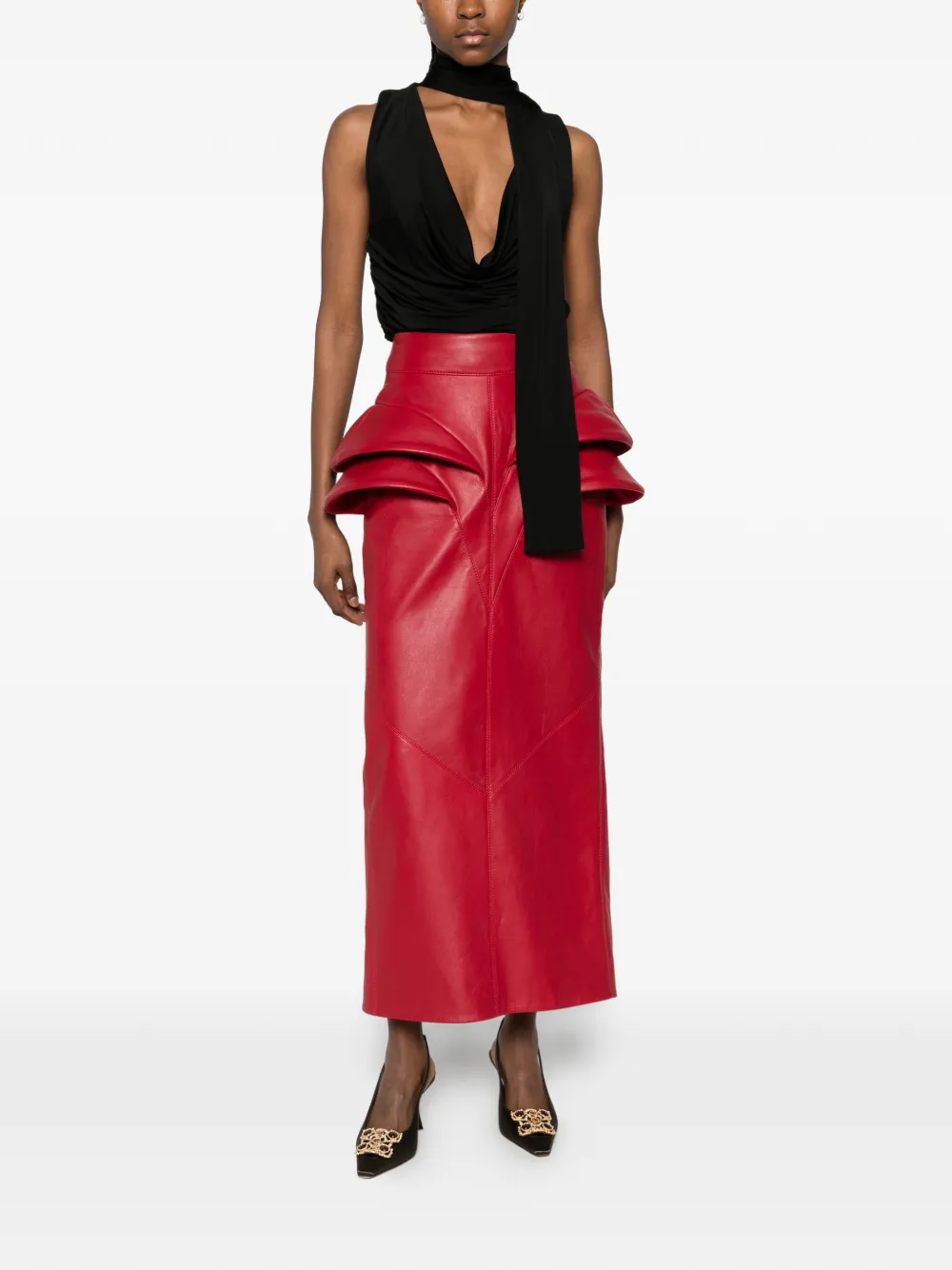 MITILIANE COUTURE Leren maxi-rok met zijdetail Rood
