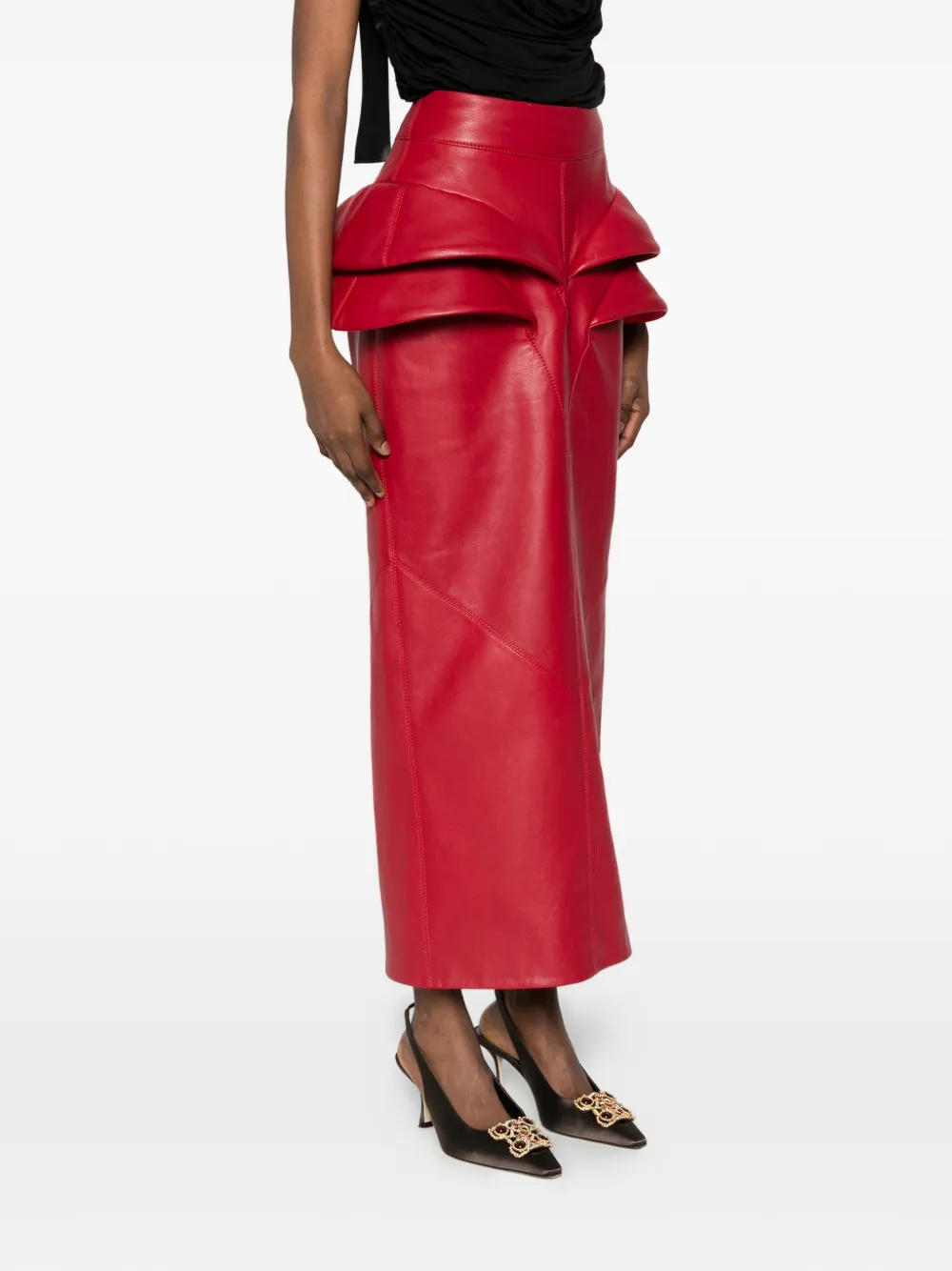 MITILIANE COUTURE Leren maxi-rok met zijdetail Rood