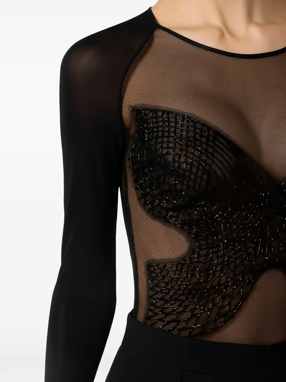 Elisabetta Franchi crystal-embroidered long-sleeves bodysuit - Zwart