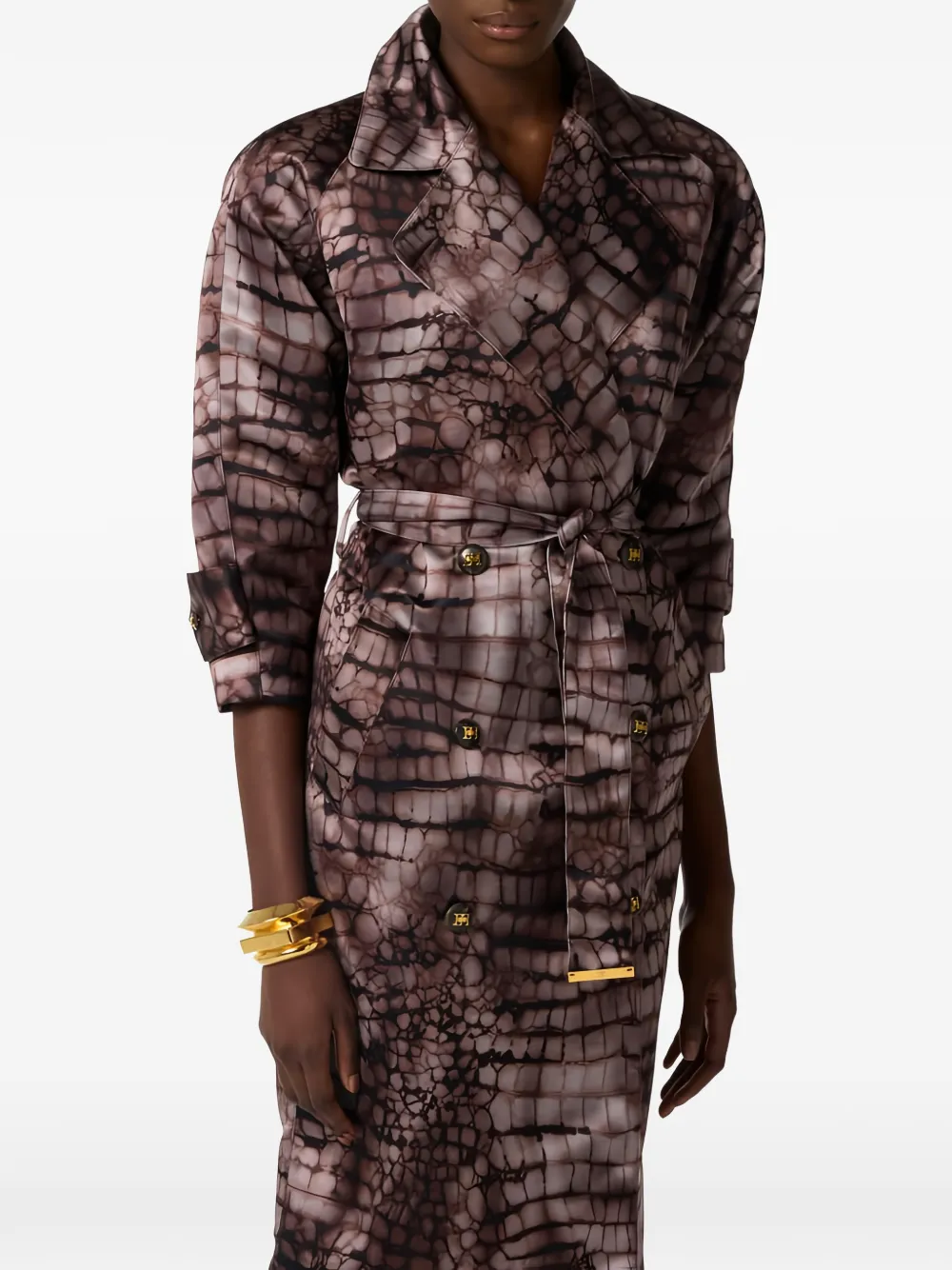 Elisabetta Franchi Trenchcoat met dubbele rij knopen en print Bruin