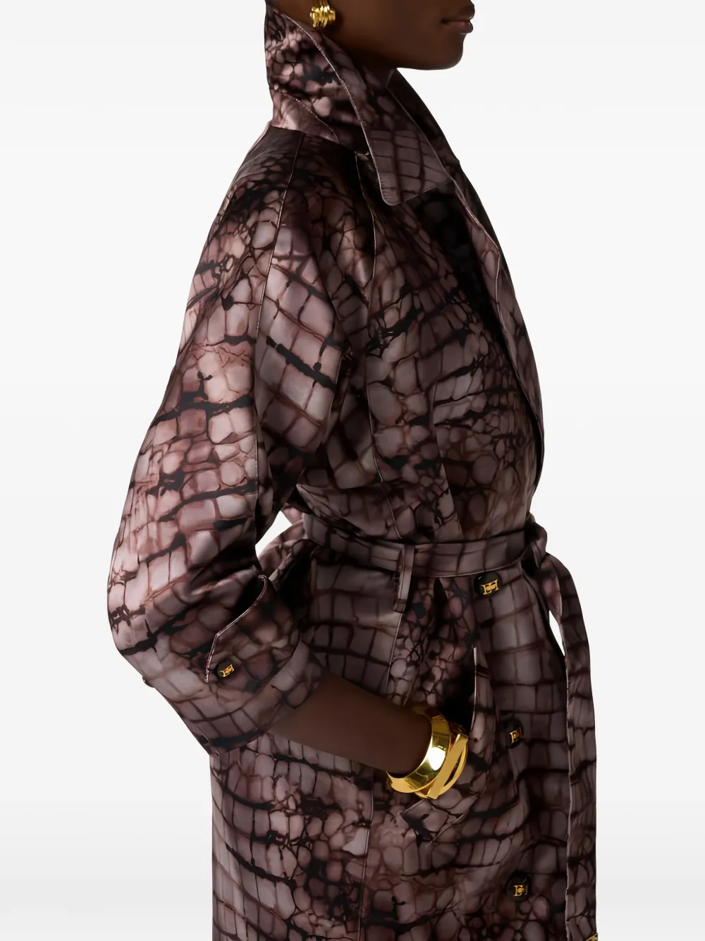 Elisabetta Franchi Trenchcoat met dubbele rij knopen en print Bruin