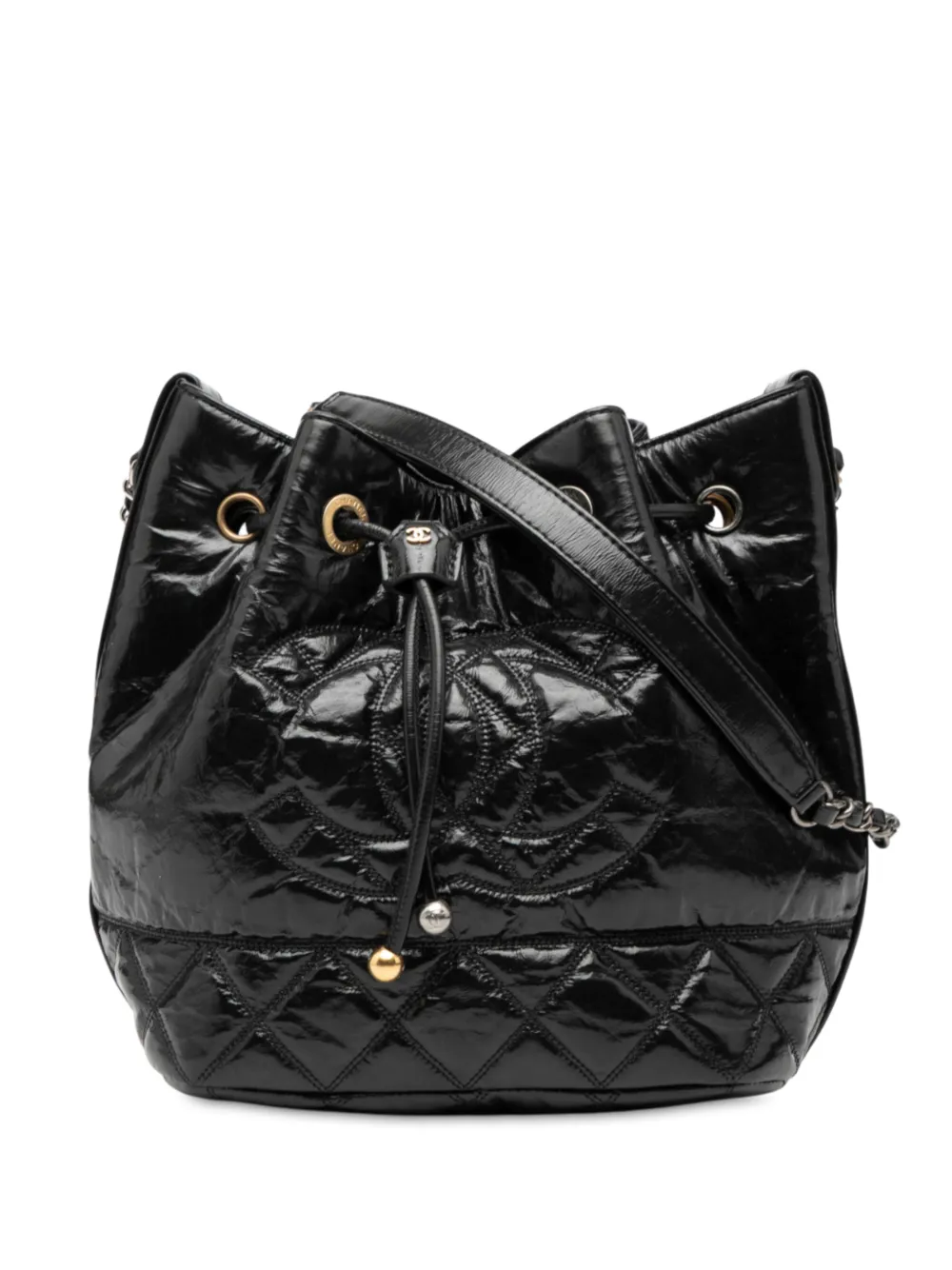 CHANEL Pre-Owned 2020 Shiny Aged Calfskin CC Chain Drawstring bucket bag - Nero