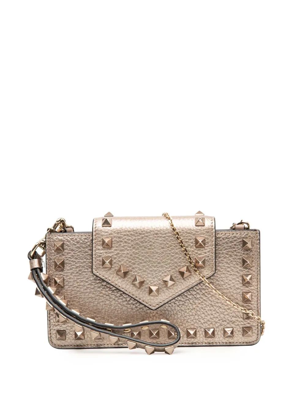 Valentino Garavani Pre-Owned 2000-2025 Metallic Pebbled Calfskin Rockstud Phone Case with Chain crossbody bag - Oro